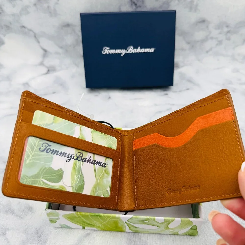 Tommy Bahama Leather Bifold Wallet,Tan Geometric Embossed,Logo Detail,Boxed-NEW - Picture 4 of 13